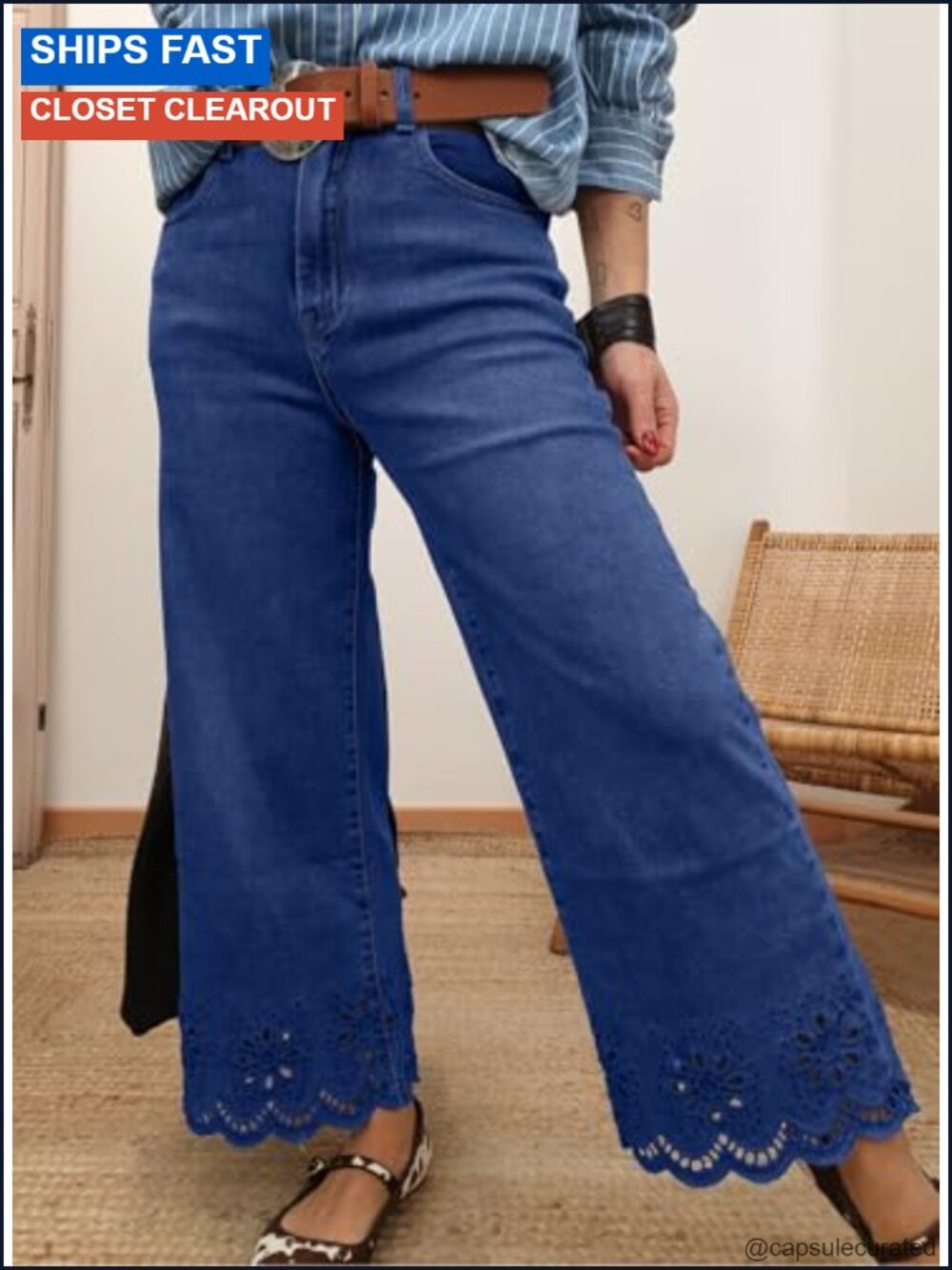Wide Leg Embroidered Stretch Denim Jeans High Waist Ankle Cutout - Picture 2 of 6